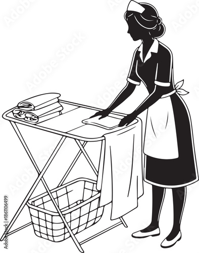 Vintage maid silhouette folding laundry on a work table, vector style.