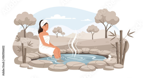 Woman Relaxing in Hot Spring Water.
