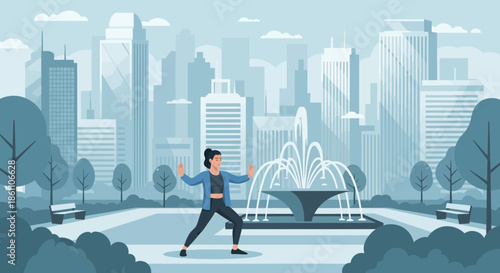 Woman Running in City Park with Fountain.