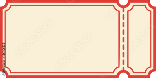 Blank red vintage ticket stub template vector isolated on white. Classic retro-style blank ticket stub with perforated tear line and decorative edges in red colors. events, cinema, theater, raffles.