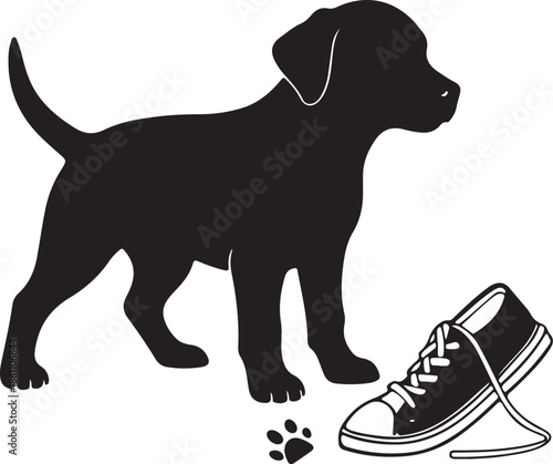 Black Silhouette of a Puppy with Sneaker and Paw Print Vector Illustration