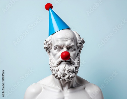 Minimal aesthetic photo of marble Socrates bust with party hat