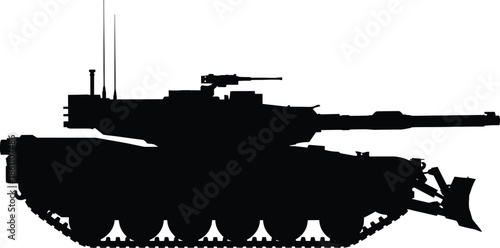 Armored battle tank silhouette with bulldozer blade side view isolated on white background, military engineering vehicle combat defense concept illustration