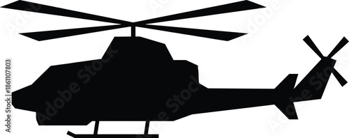 Attack helicopter silhouette side view isolated on white background, military gunship rotary wing aircraft defense concept illustration graphic design vector