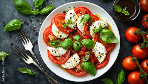Caprese salad on white plate. Tomatoes, fresh mozzarella, basil leaves are seasoned with balsamic glaze. Italian cuisine classic dish on dark background
