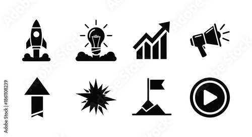 A collection of startup icons including a rocket lightbulb growth and megaphone silhouette