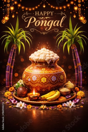 Pongal festival 3D poster with traditional pot and harvest decorations