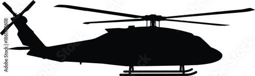 Military helicopter silhouette side view isolated on white background, rotary wing aircraft aviation defense transport rescue concept illustration graphic design