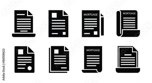 A collection of mortgage document icons depicted in a stark black and white silhouette