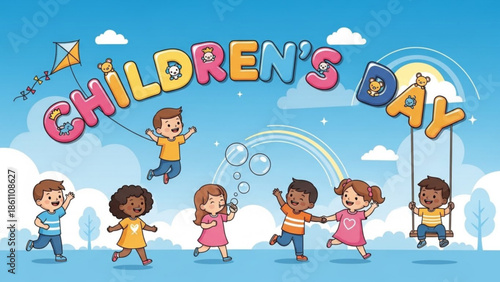 Happy children's day illustration with diverse kids playing kites and bubbles under rainbow and fluffy clouds