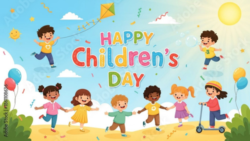 Happy children's day celebration with diverse kids playing outside, kite flying, balloons, and confetti under sunny sky