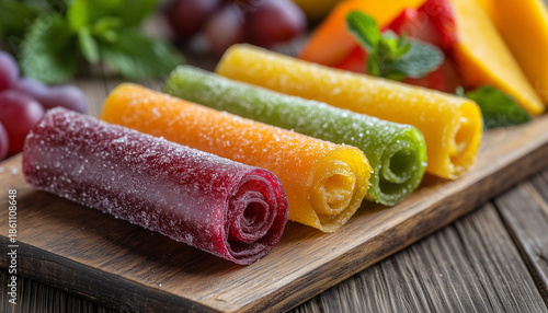 Colorful homemade fruit leathers rolled on rustic wooden board. Vibrant fruit rolls display different colors from various fruits © wolfelarry