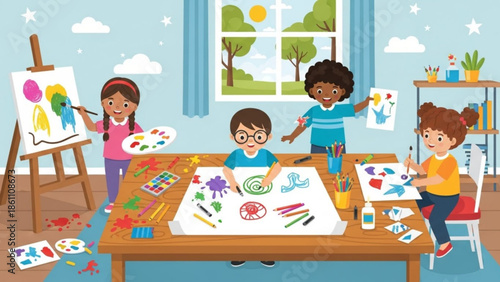 Group of happy children painting together at a table in a bright art classroom with colorful supplies and easel