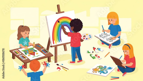 Group of diverse children happily painting together with colorful art supplies and rainbow artwork on easel