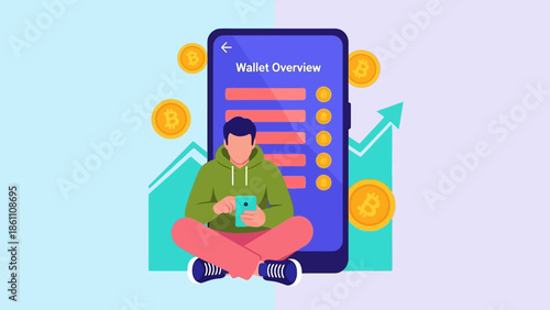 Man managing finances on mobile phone with wallet overview and coins.