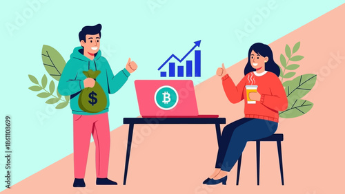 Illustration of two people discussing financial growth and cryptocurrency.