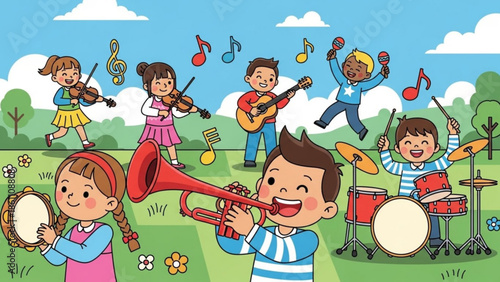 Children playing various musical instruments together in a green field with trees and blue sky