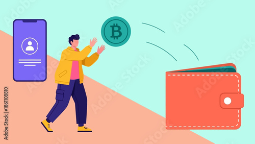 Man interacting with Bitcoin on mobile device and wallet.