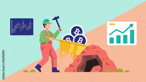 Man mining bitcoins with a pickaxe and wheelbarrow.