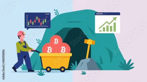 Man mining Bitcoins in a digital landscape with financial graphs.