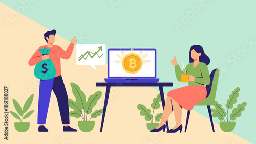 Man and woman discussing Bitcoin investment on laptop.