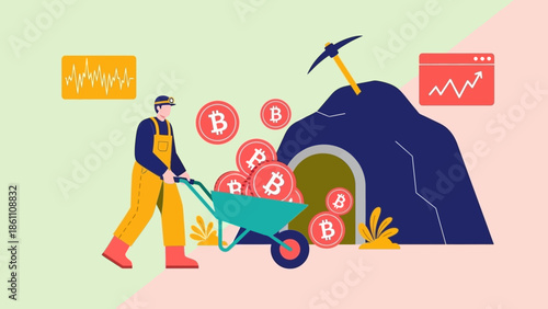 Man mining Bitcoin cryptocurrency with wheelbarrow and pickaxe.