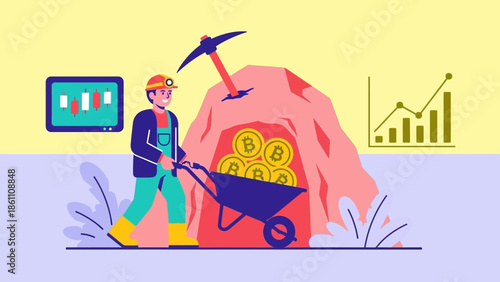 Man Mining Bitcoins with Pickaxe and Wheelbarrow Illustration.