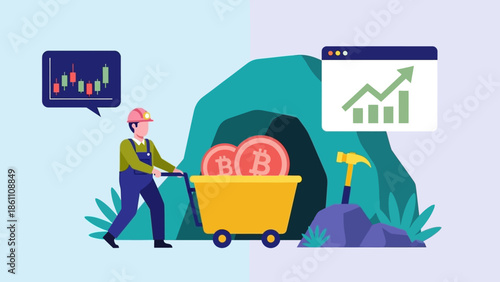 Man mining Bitcoins with a cart full of cryptocurrency coins.