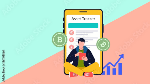 Man tracking assets on mobile phone with cryptocurrency icons.
