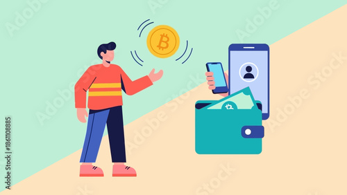 Man holding smartphone with wallet and bitcoin floating in air.