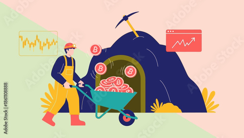Miner pushing wheelbarrow full of cryptocurrency.