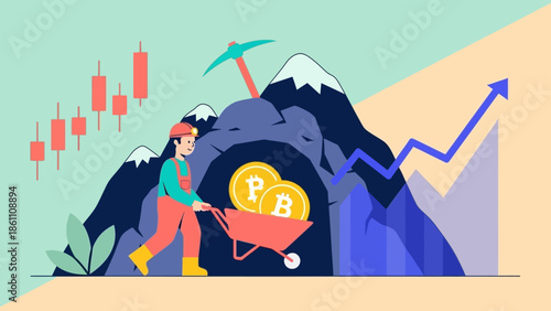 Person Mining Cryptocurrency with Bitcoin Symbol in Wheelbarrow.