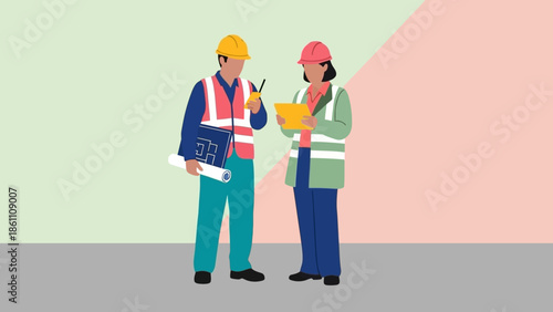 Two construction workers collaborating on a project.