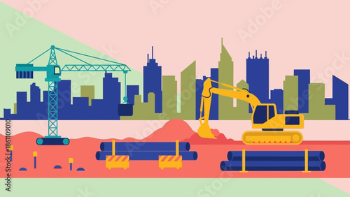 Construction site with heavy machinery and city skyline background.