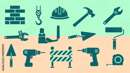 Collection of construction tools and equipment icons.