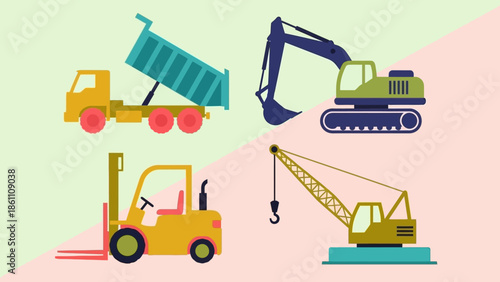 Construction Equipment Icons on Pastel Background.