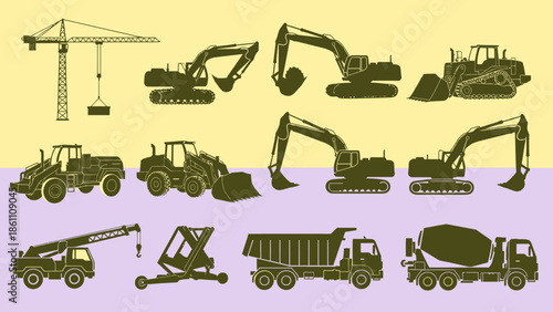 Collection of Heavy Construction Machinery Silhouettes.