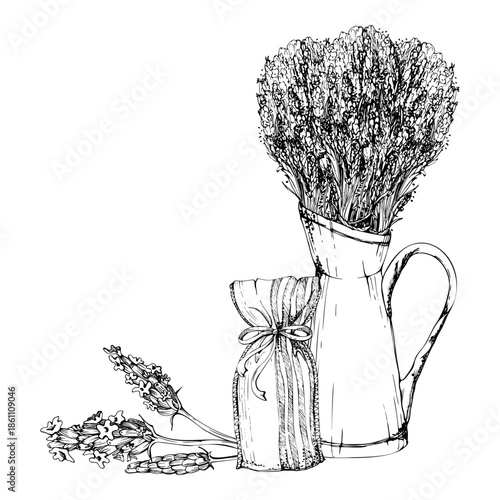 Lavender bouquet in rustic jug, scented sachet potpourri striped bag, single lavandula flowers. Isolated illustration hand drawn in vector ink. Florist packaging, rustic label, shelf interior decor