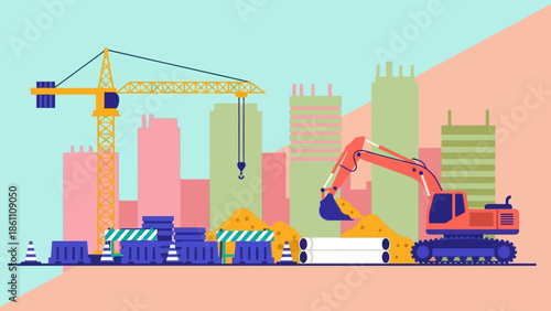 Construction Site with Crane and Excavator.