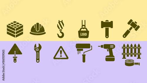 Collection of Construction Tools and Safety Icons.