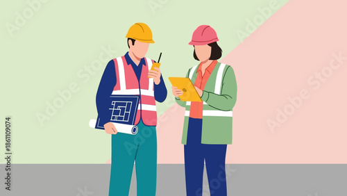 Two construction workers collaborating on a project.