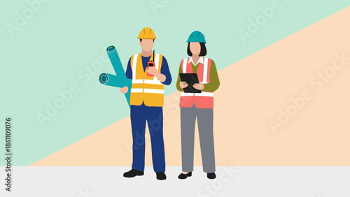 Two construction workers wearing safety vests and hard hats standing together.