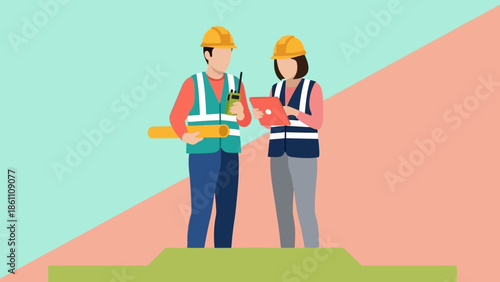 Two construction workers collaborating on a project.