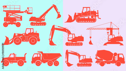 Collection of Heavy Construction Machinery and Equipment Silhouettes.