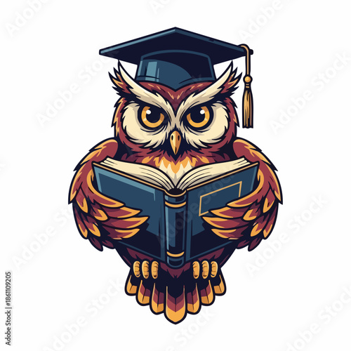Wise cartoon owl wearing a graduation cap and reading a book — scholarly, educational mascot for learning, knowledge, or academic achievement