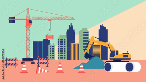 Urban construction site with crane and excavator machinery.