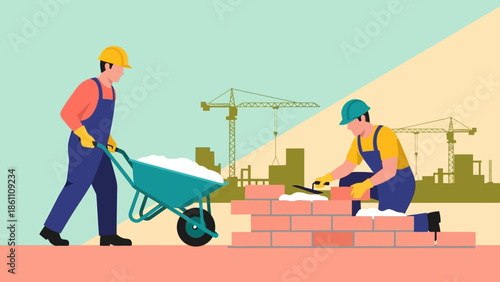 Construction workers laboring on a building site with cranes in the background.