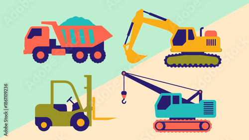 Construction equipment icons set on a divided background.