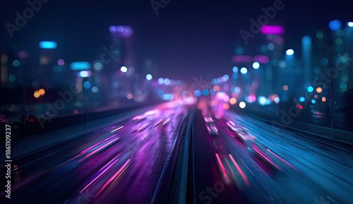 Night cityscape with blurred car lights on a highway, bathed in neon hues