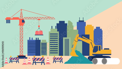 Construction Site with Crane and Excavator in Urban Landscape.